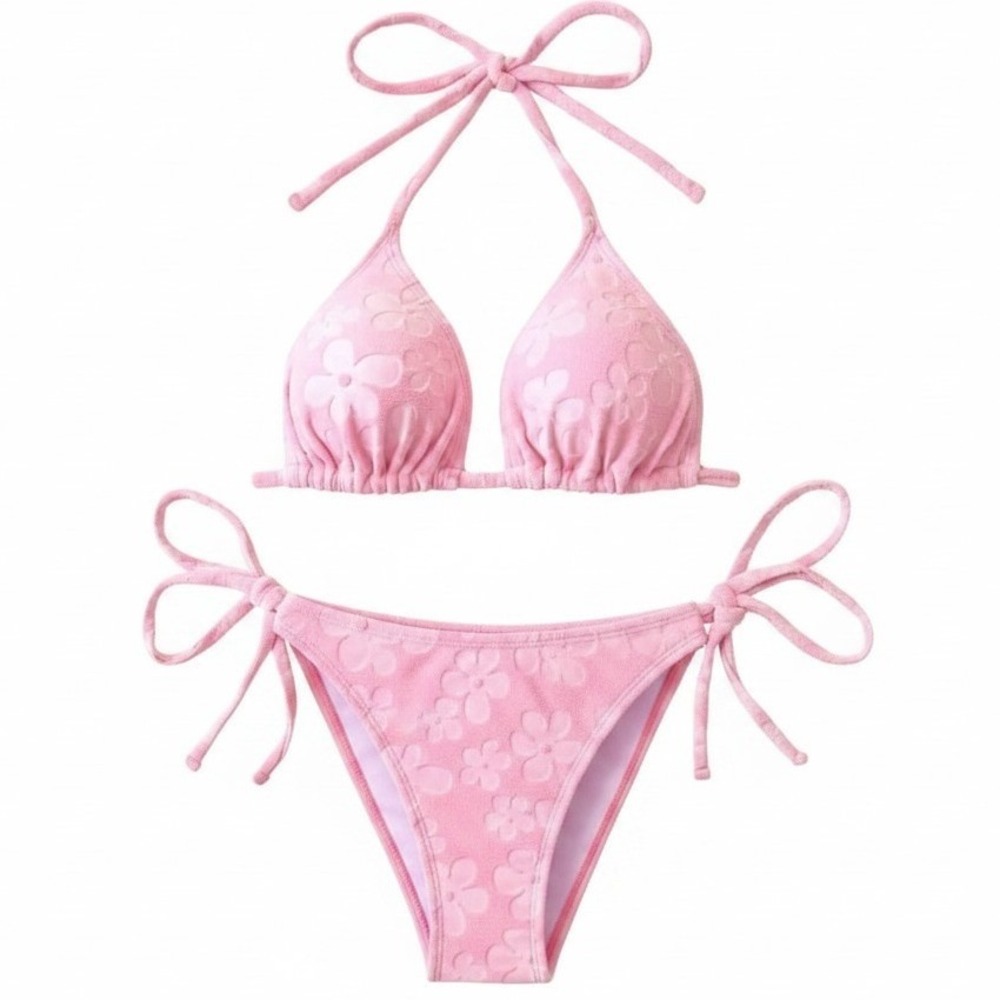 New Large Pink Velour Velvet Daisy Print Side Tie Triangle Bikini Swimsuit Y2k